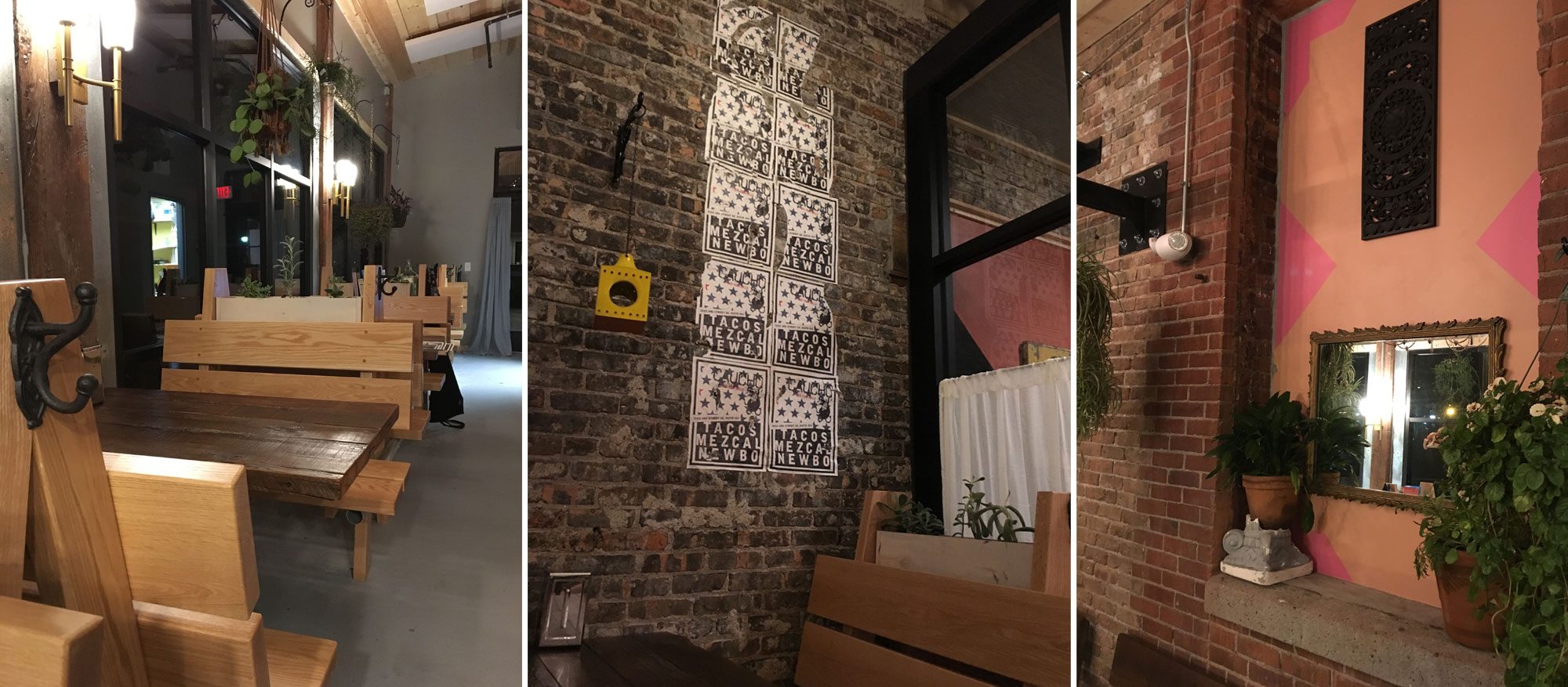 Exposed brick walls, booths and graffiti art inside Caucho