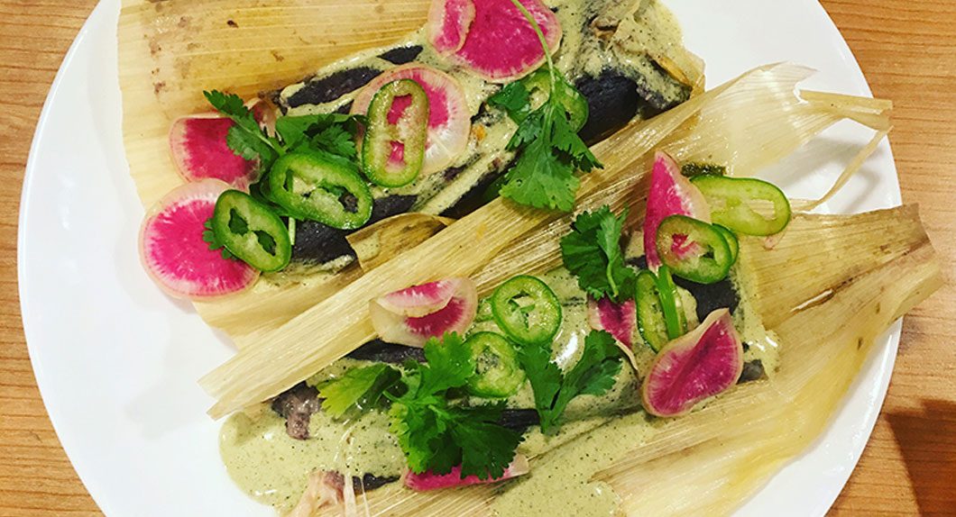 Handmade tacos with watermelon radish and jalapeño at Caucho